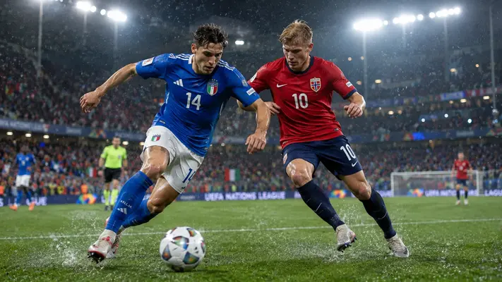 Italy vs Norway football match action during 2026 World Cup qualifier at San Siro