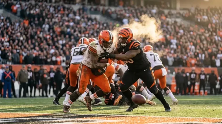 Cleveland Browns vs Bengals match player stats featured image showing a defender forcing a fumble on the goal line