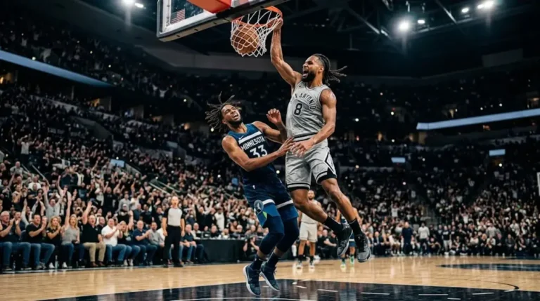 san antonio spurs vs timberwolves timeline featured image of a playoff basketball showdown in a packed arena