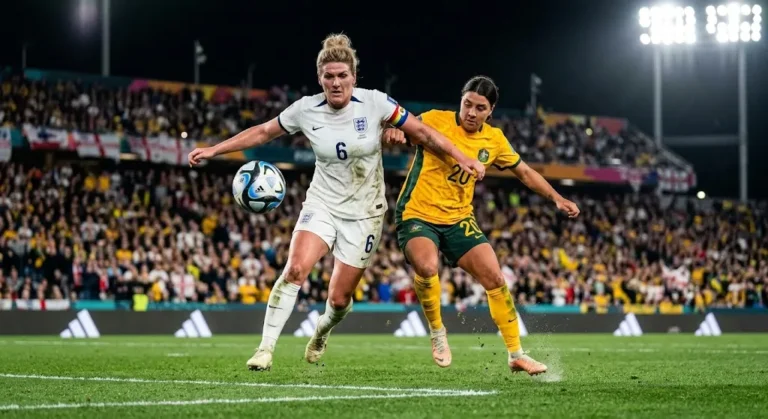 Action shot from the England vs Australia FIFA Women's World Cup semi-final showing the Lionesses celebrating a goal.