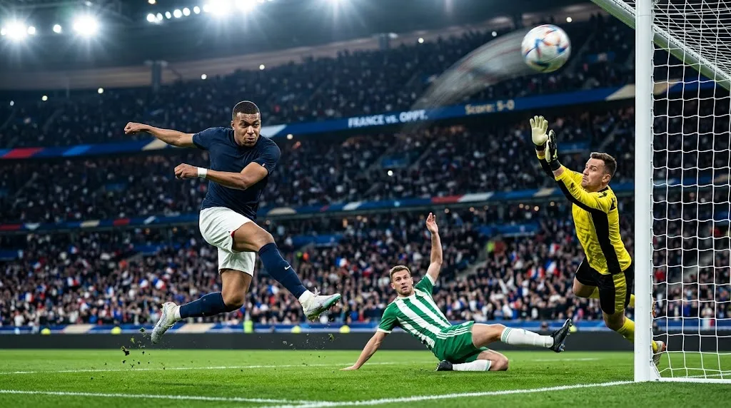 France vs Northern Ireland match action as a French forward shoots past two green-shirted defenders in Lille